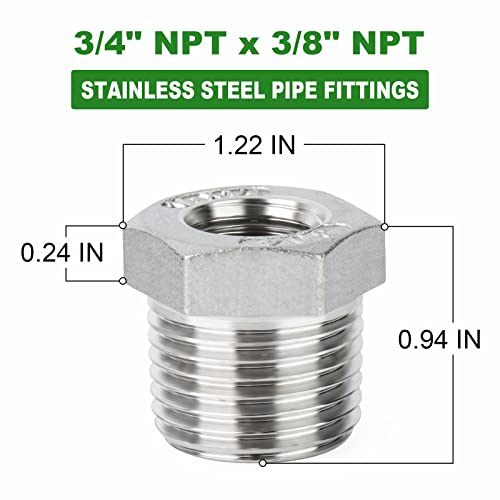 TAISHER 5PCS 304 Stainless Steel Reducer Hex Bushing, 3/4" NPT Male x 3/8" NPT Female, Reducing Pipe Adapter Fitting - Image 3