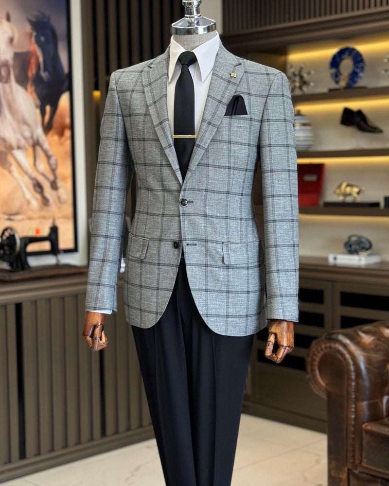 Terzi Adem Altun Tailor Adem Altun Classic Cut Regular Fit Mono Collar Plaid Men's Jacket Anthracite T12502 - Image 1