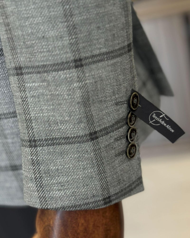 Terzi Adem Altun Tailor Adem Altun Classic Cut Regular Fit Mono Collar Plaid Men's Jacket Anthracite T12502 - Image 5