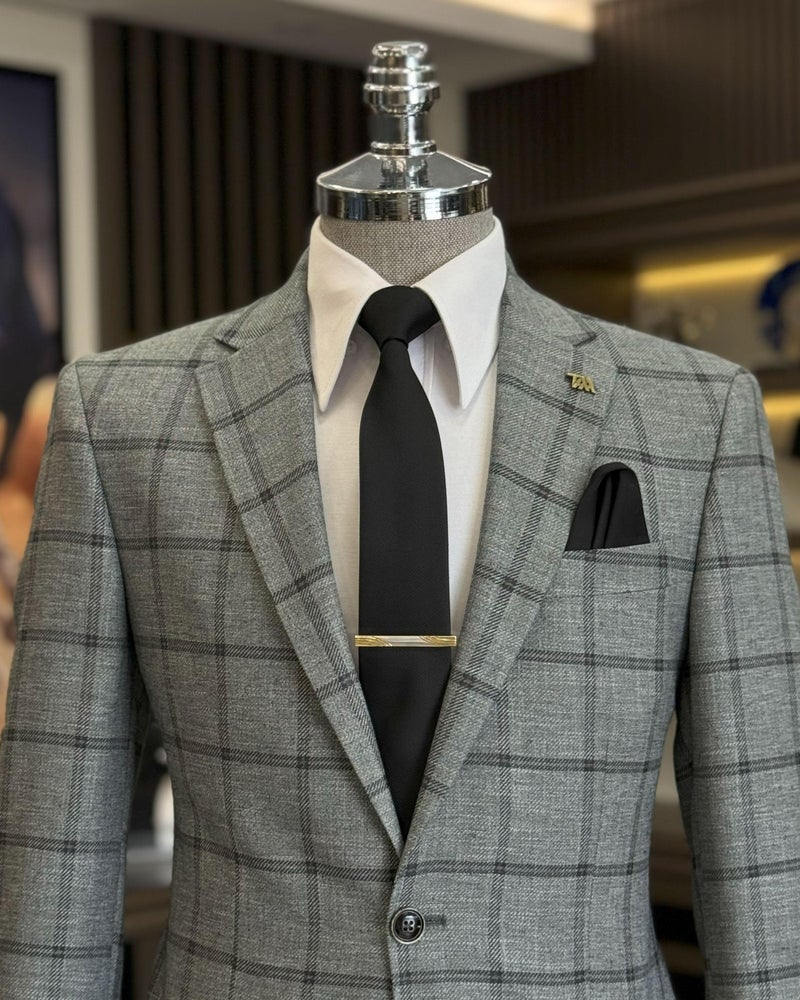 Terzi Adem Altun Tailor Adem Altun Classic Cut Regular Fit Mono Collar Plaid Men's Jacket Anthracite T12502 - Image 2