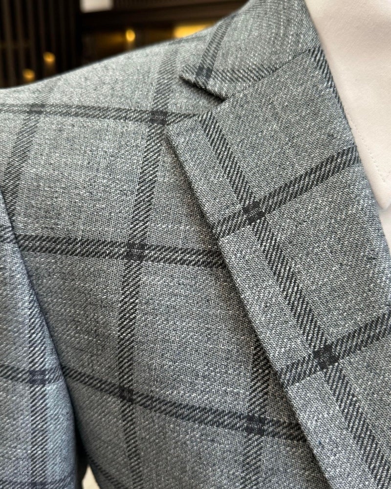 Terzi Adem Altun Tailor Adem Altun Classic Cut Regular Fit Mono Collar Plaid Men's Jacket Anthracite T12502 - Image 3