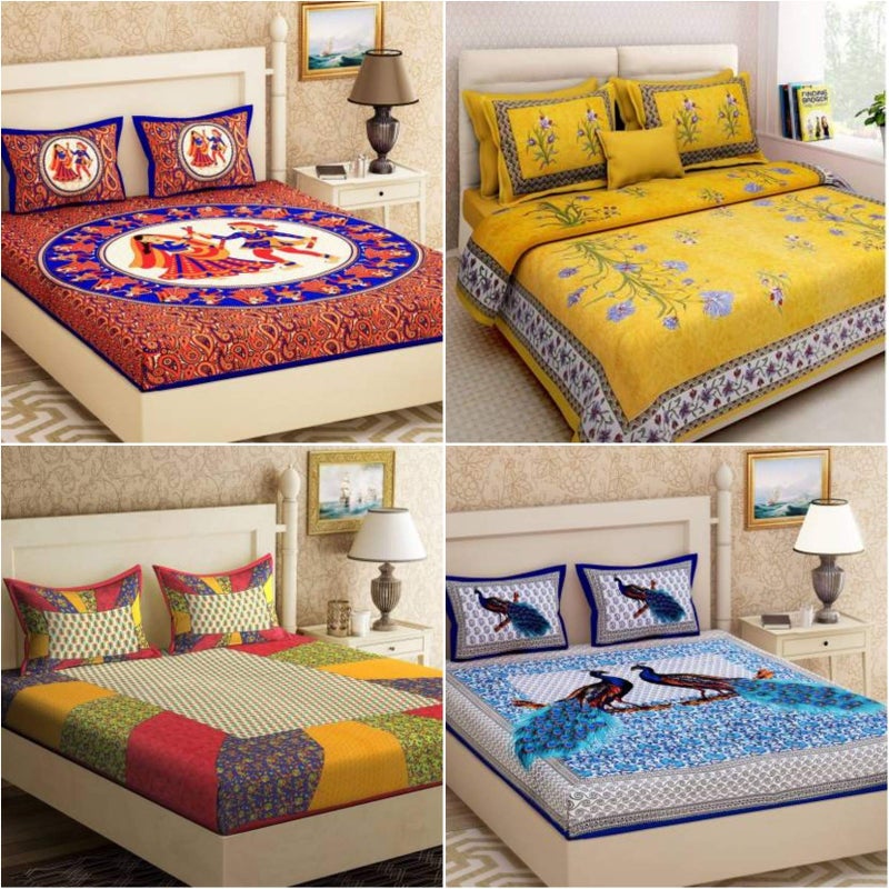 SHILPIIMPEX 100% Jaipuri Cotton Combo Set of 4 Double Bedsheet with 8 Pillow Covers(Multicolor,printed and floral) - Image 1