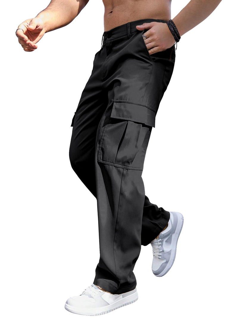 Comdecevis Mens Casual Cargo Pants Elastic Waist Sweatpants with Zipper Botton Loose Pants for Men Black M - Image 1