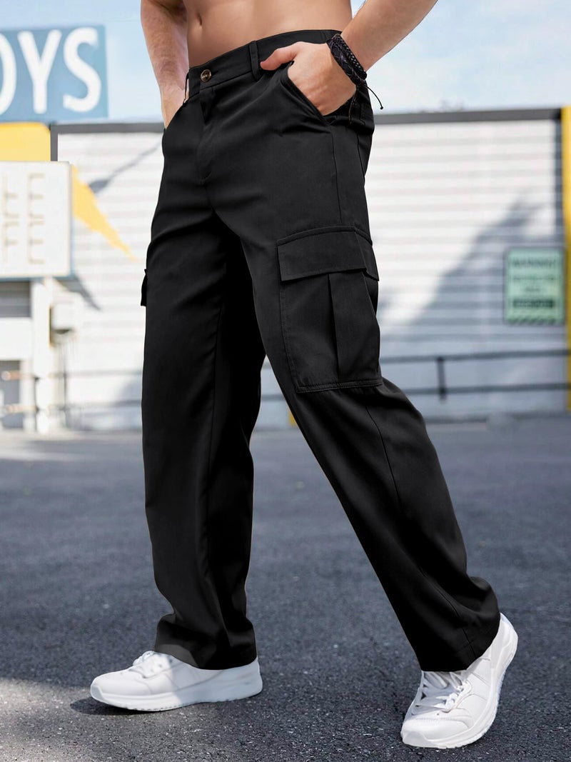 Comdecevis Mens Casual Cargo Pants Elastic Waist Sweatpants with Zipper Botton Loose Pants for Men Black M - Image 3
