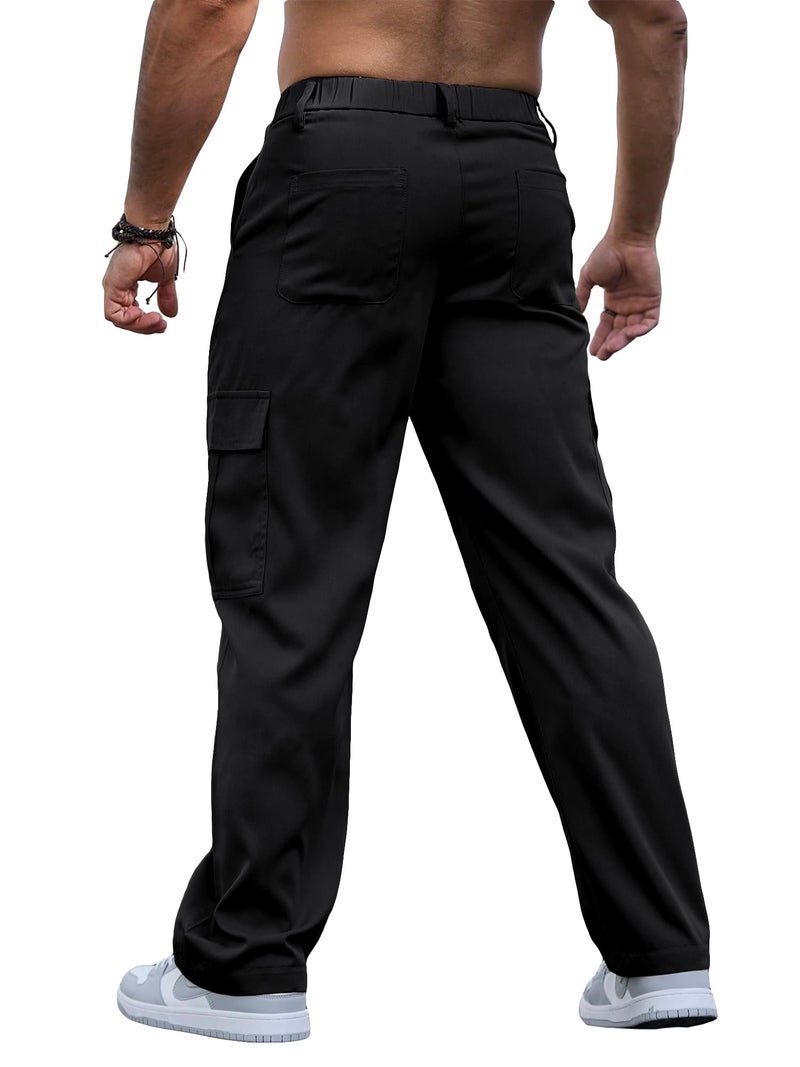 Comdecevis Mens Casual Cargo Pants Elastic Waist Sweatpants with Zipper Botton Loose Pants for Men Black M - Image 2