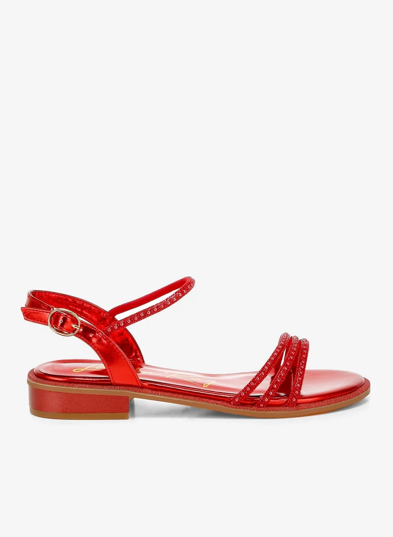 Rhinestone Pearl Detail Flat Sandals in Red