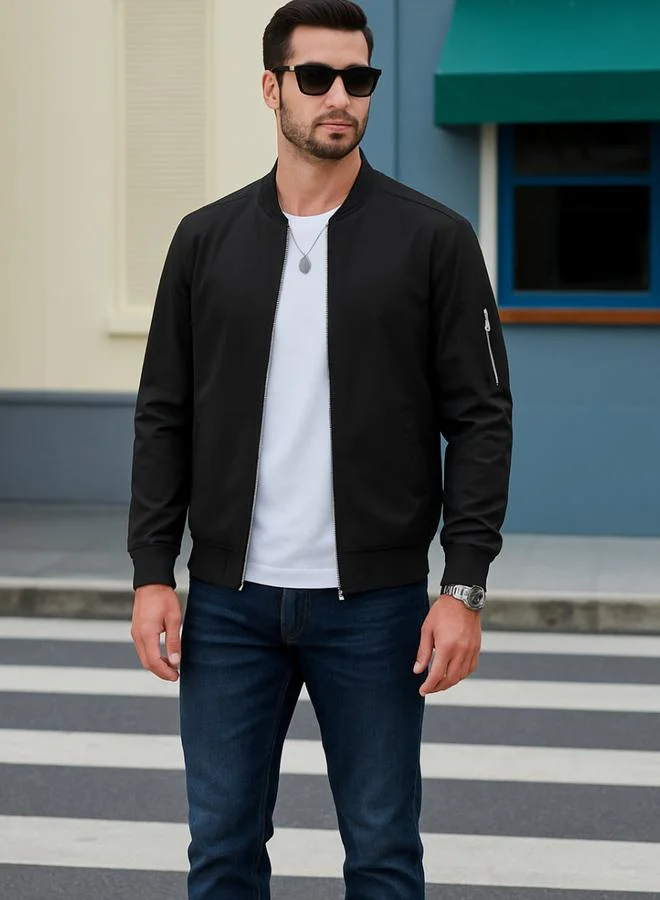 PAUSE Men Black Zip Detail Bomber Jacket