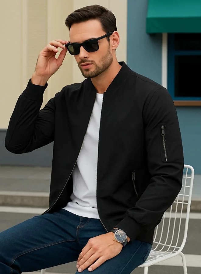 PAUSE Men Black Zip Detail Bomber Jacket