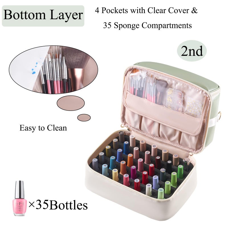 CTWWFS Nail Polish Organizer Holds 35 Bottles & Nail Lamp, Nail Organizers and Storage, Double Layer Nail Bag with Handle & Shoulder Strap for Travel, Nail Supplies Organizer for Manicure Kit (Green+Beige) - Image 4