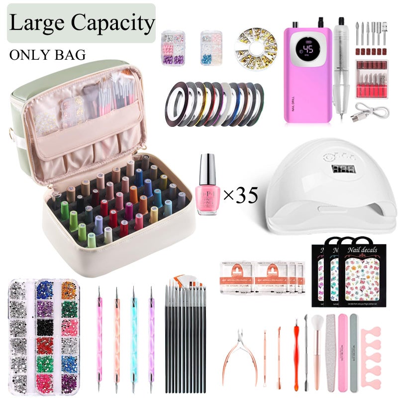 CTWWFS Nail Polish Organizer Holds 35 Bottles & Nail Lamp, Nail Organizers and Storage, Double Layer Nail Bag with Handle & Shoulder Strap for Travel, Nail Supplies Organizer for Manicure Kit (Green+Beige) - Image 2