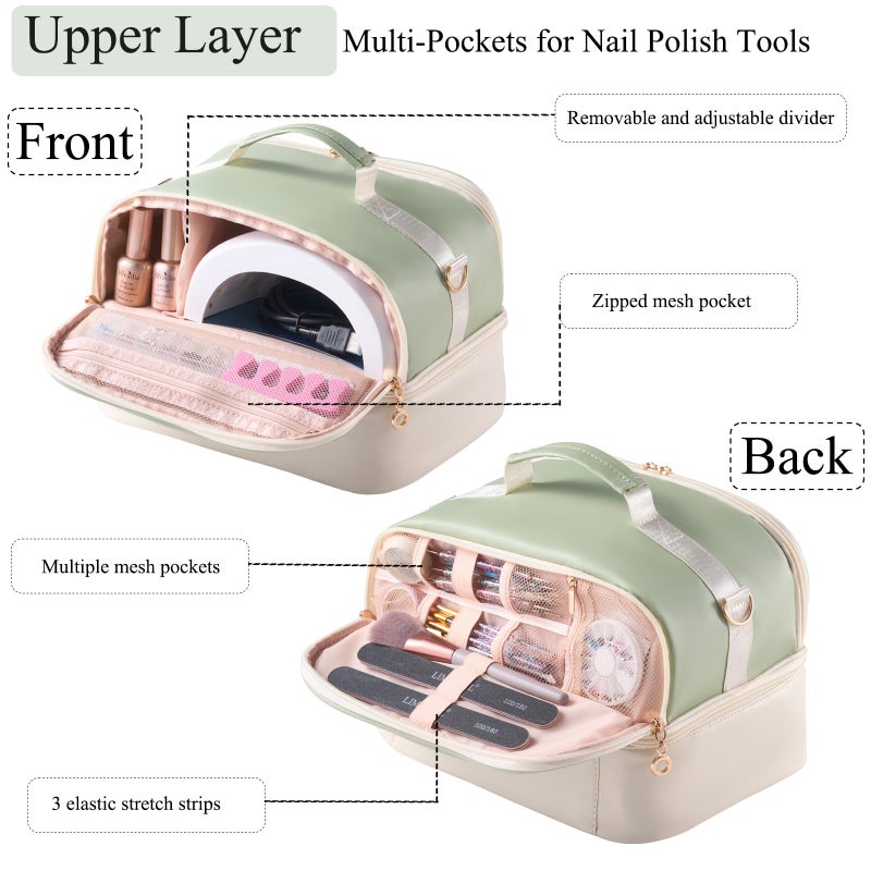 CTWWFS Nail Polish Organizer Holds 35 Bottles & Nail Lamp, Nail Organizers and Storage, Double Layer Nail Bag with Handle & Shoulder Strap for Travel, Nail Supplies Organizer for Manicure Kit (Green+Beige) - Image 3