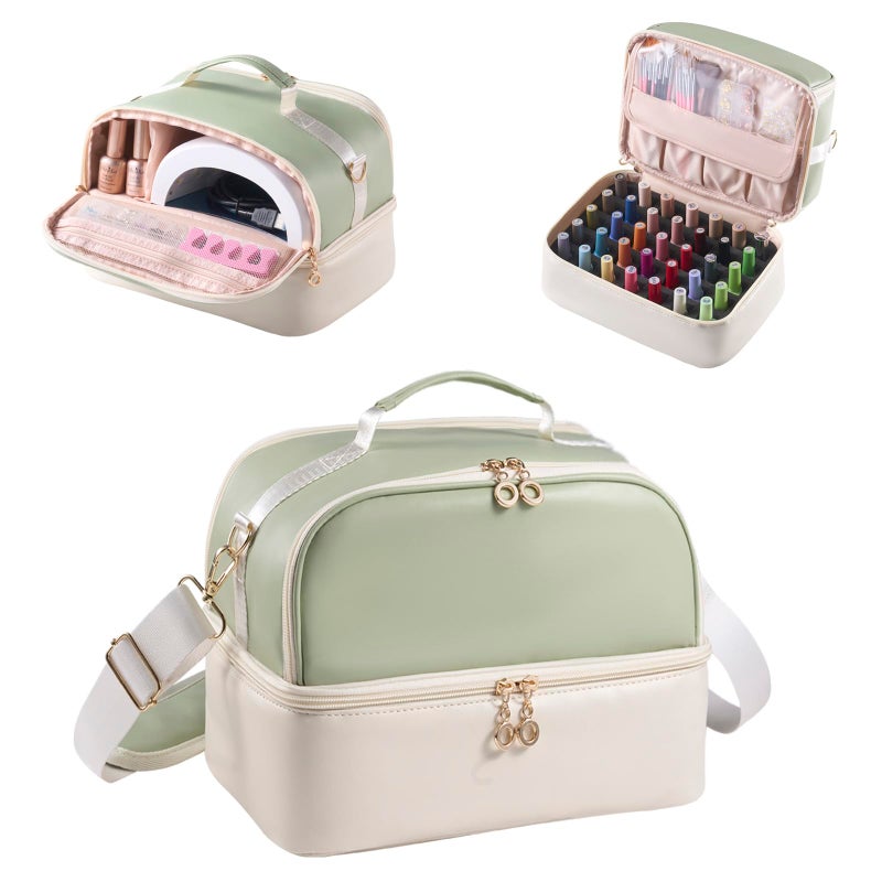 CTWWFS Nail Polish Organizer Holds 35 Bottles & Nail Lamp, Nail Organizers and Storage, Double Layer Nail Bag with Handle & Shoulder Strap for Travel, Nail Supplies Organizer for Manicure Kit (Green+Beige) - Image 1