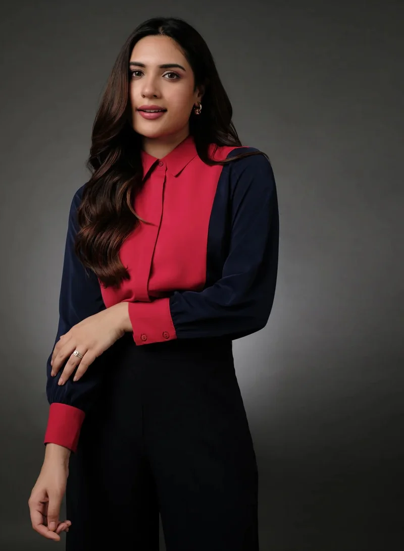 Zigzag Blue And Red Contrast Paneled Shirt