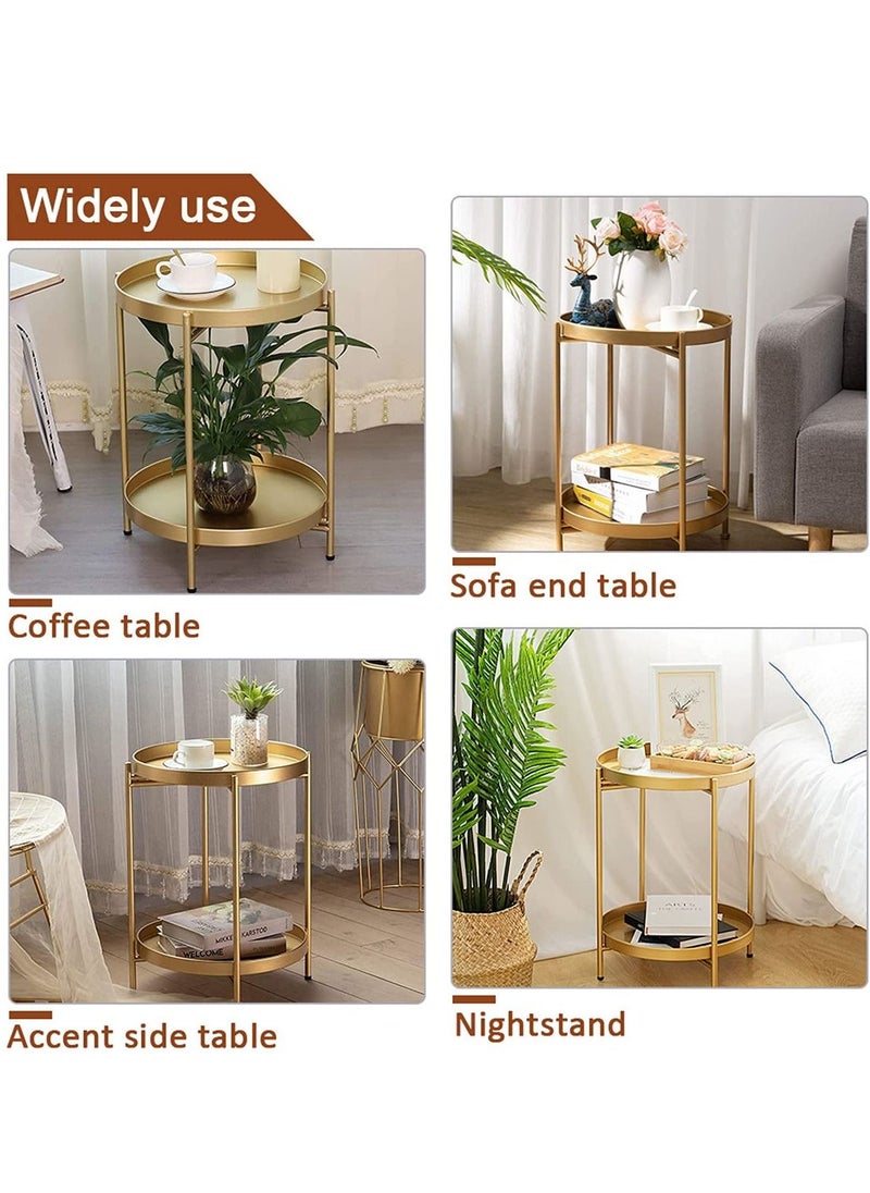 MIXDE Round End Table,2 Tier Metal Sofa Side Table Small Coffee Table Foldable Anti-Rust Waterproof with Removable Tray,Easy to Assemble for Living Room Bedroom Balcony Office Gold  - Image 5