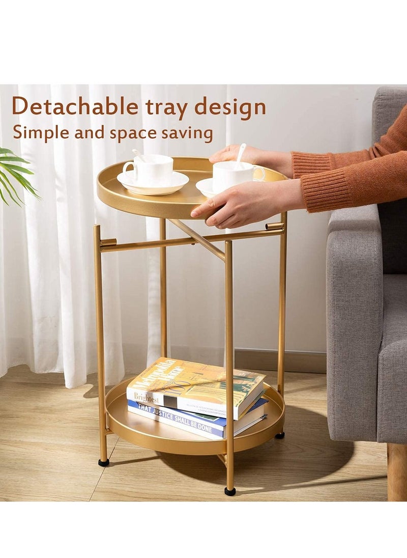 MIXDE Round End Table,2 Tier Metal Sofa Side Table Small Coffee Table Foldable Anti-Rust Waterproof with Removable Tray,Easy to Assemble for Living Room Bedroom Balcony Office Gold  - Image 2