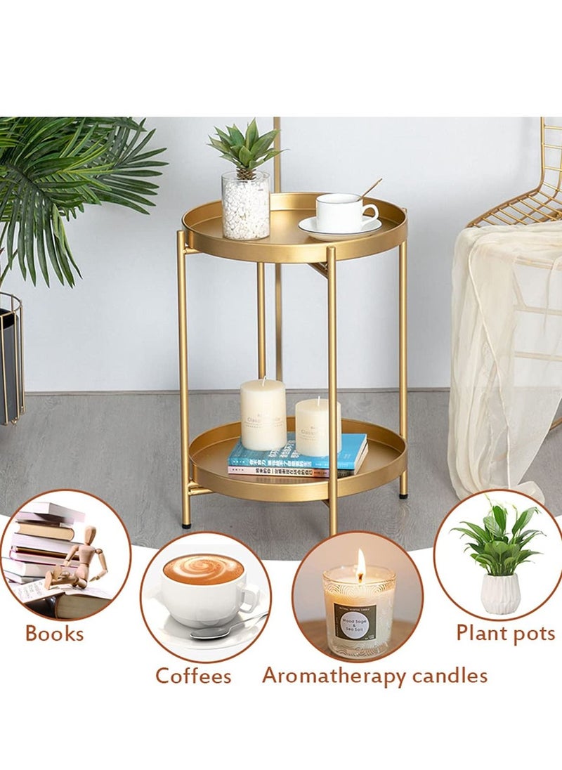 MIXDE Round End Table,2 Tier Metal Sofa Side Table Small Coffee Table Foldable Anti-Rust Waterproof with Removable Tray,Easy to Assemble for Living Room Bedroom Balcony Office Gold  - Image 4