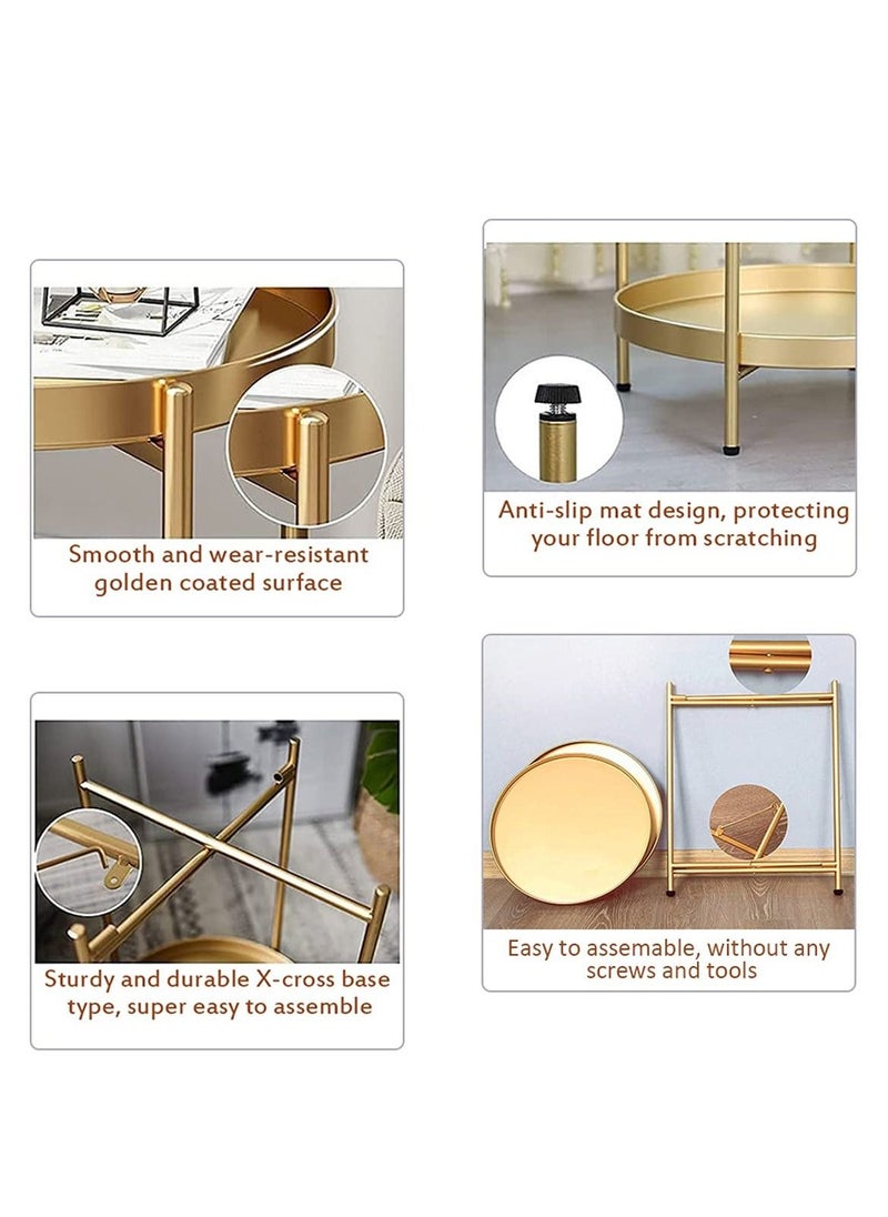 MIXDE Round End Table,2 Tier Metal Sofa Side Table Small Coffee Table Foldable Anti-Rust Waterproof with Removable Tray,Easy to Assemble for Living Room Bedroom Balcony Office Gold  - Image 3