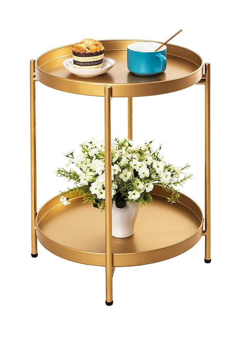 MIXDE Round End Table,2 Tier Metal Sofa Side Table Small Coffee Table Foldable Anti-Rust Waterproof with Removable Tray,Easy to Assemble for Living Room Bedroom Balcony Office Gold  - Image 1