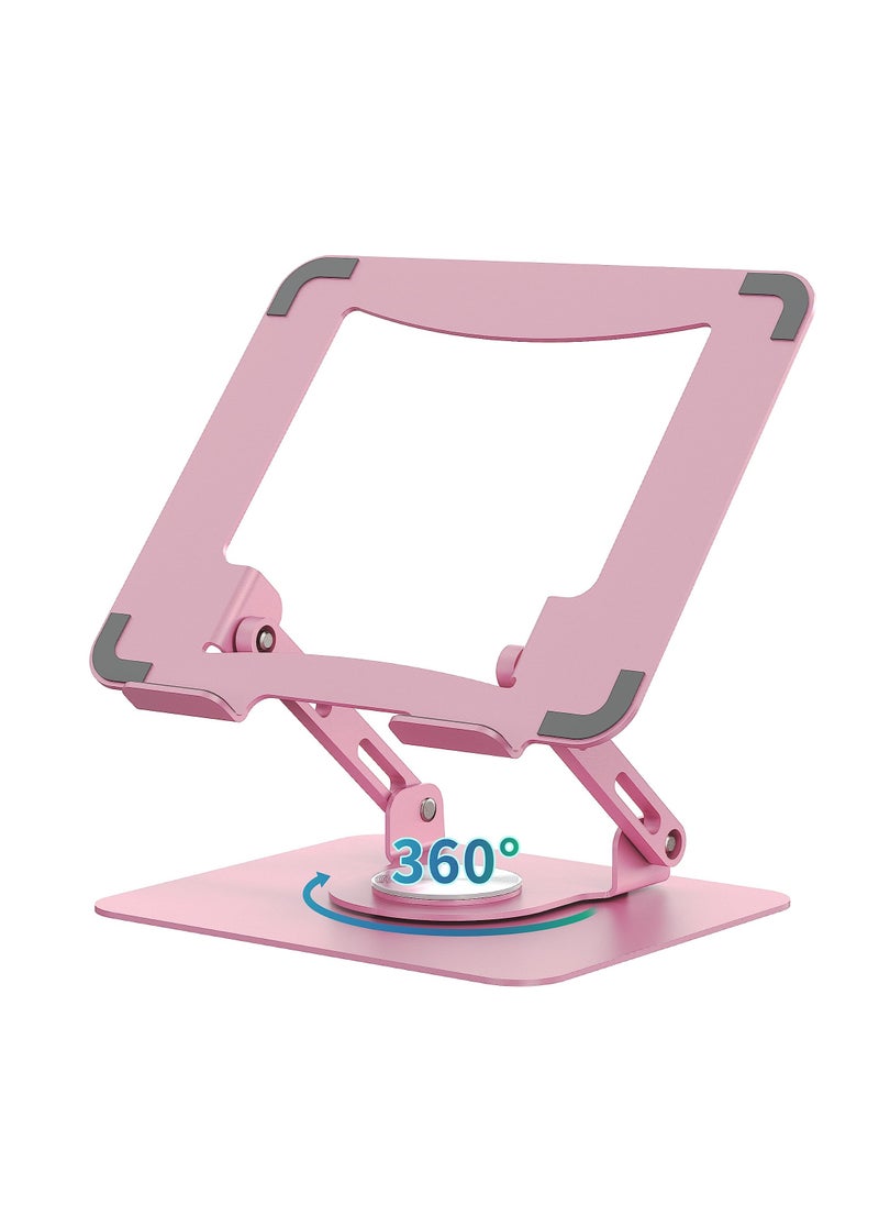Ergonomic Laptop Stand with 360° Rotating Base – Adjustable Height, Foldable Metal Holder for 10-15.6’’ Notebooks, Pink