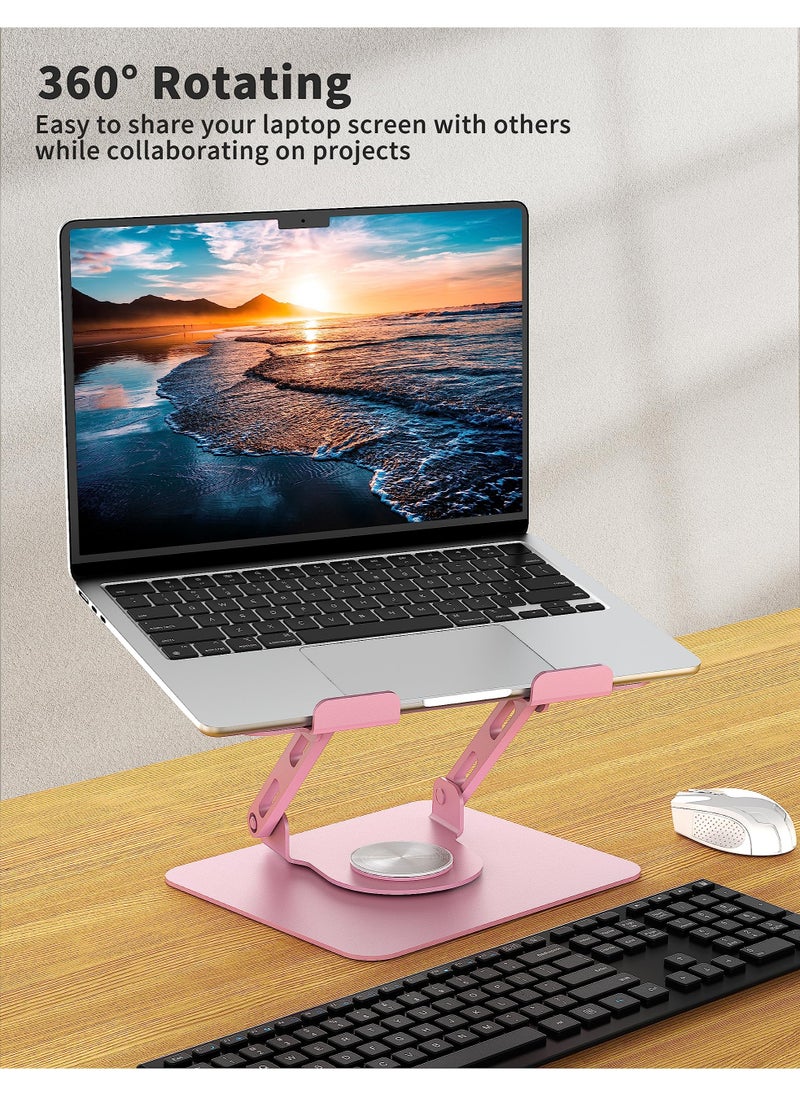 Ergonomic Laptop Stand with 360° Rotating Base – Adjustable Height, Foldable Metal Holder for 10-15.6’’ Notebooks, Pink