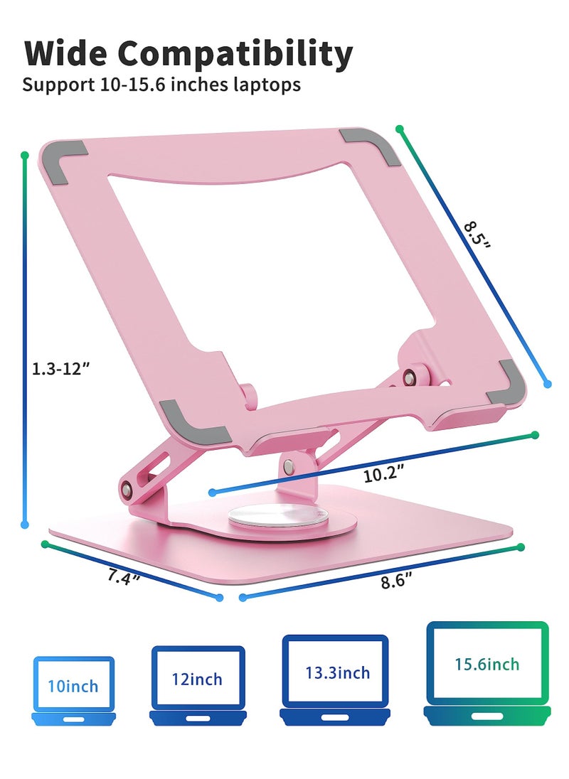 Ergonomic Laptop Stand with 360° Rotating Base – Adjustable Height, Foldable Metal Holder for 10-15.6’’ Notebooks, Pink