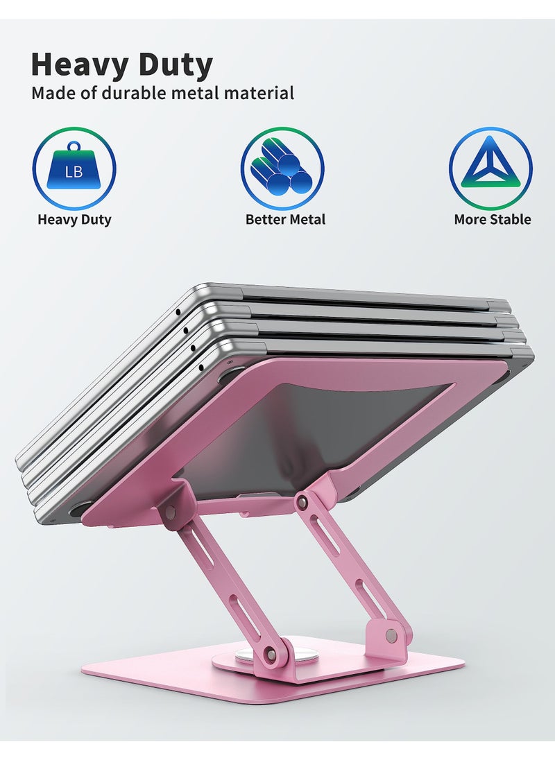 Ergonomic Laptop Stand with 360° Rotating Base – Adjustable Height, Foldable Metal Holder for 10-15.6’’ Notebooks, Pink