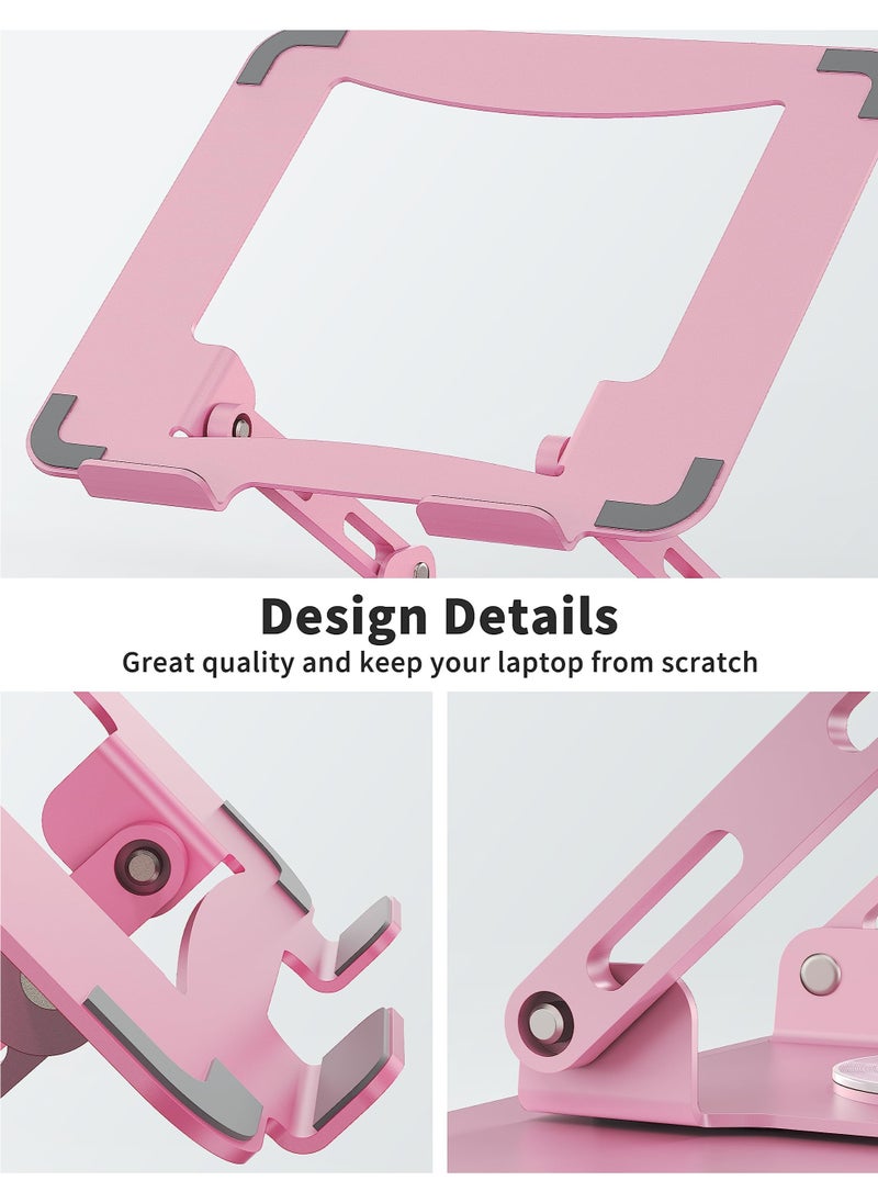 Ergonomic Laptop Stand with 360° Rotating Base – Adjustable Height, Foldable Metal Holder for 10-15.6’’ Notebooks, Pink