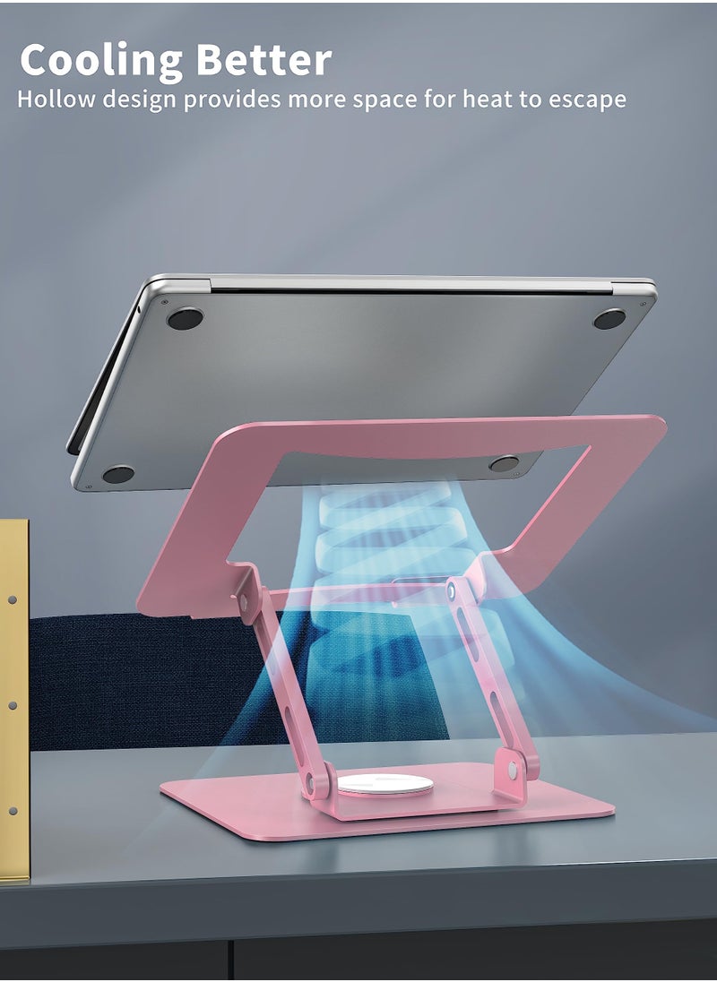 Ergonomic Laptop Stand with 360° Rotating Base – Adjustable Height, Foldable Metal Holder for 10-15.6’’ Notebooks, Pink