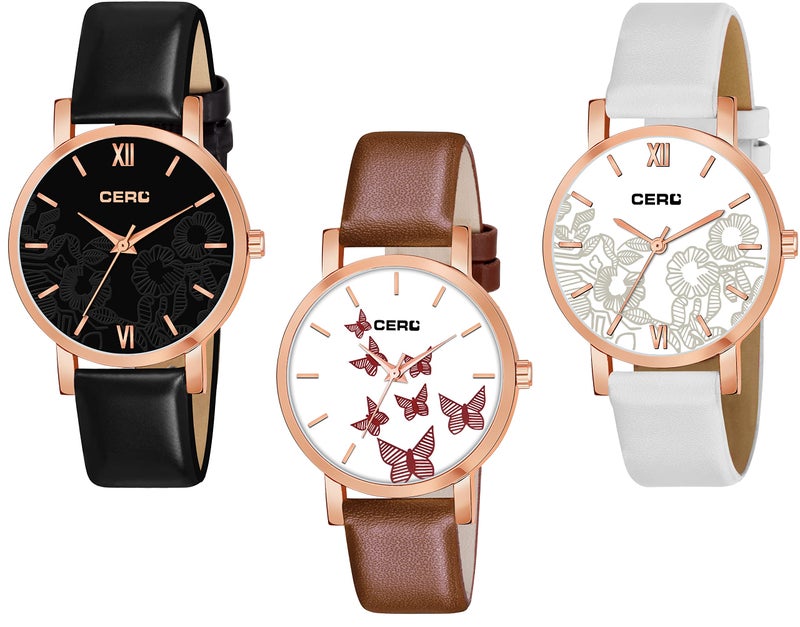 CERO Pack of 3 Analogue Leather Strap Girls & Women's Watch (Black & White, Brown Dial Black & White, Brown Colored Strap - Image 1