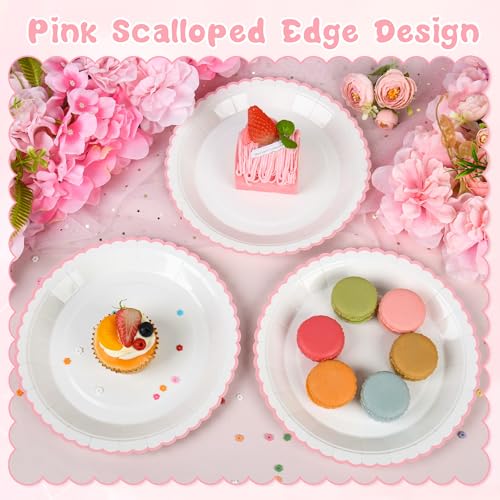 ZUQMZUQ 30 Pcs Pink and White Paper Plates, 9 Inch White Party Plates, Pink Scalloped Dinner Paper Plates Wedding Plates Party Supplies for Baby Girl Shower, Wedding, Mother's Day, Birthday, Easter Party - Image 3