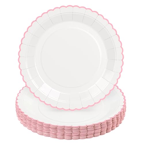 ZUQMZUQ 30 Pcs Pink and White Paper Plates, 9 Inch White Party Plates, Pink Scalloped Dinner Paper Plates Wedding Plates Party Supplies for Baby Girl Shower, Wedding, Mother's Day, Birthday, Easter Party - Image 1