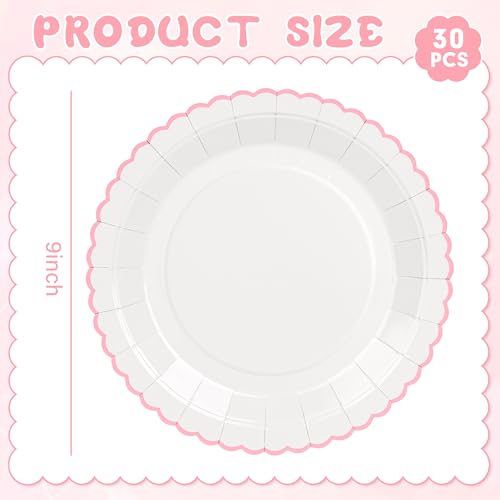 ZUQMZUQ 30 Pcs Pink and White Paper Plates, 9 Inch White Party Plates, Pink Scalloped Dinner Paper Plates Wedding Plates Party Supplies for Baby Girl Shower, Wedding, Mother's Day, Birthday, Easter Party - Image 2
