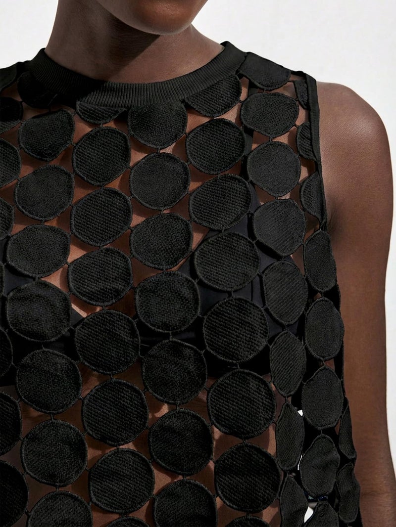 SHENHE Women's Sheer Tank Tops See Through Polka Dots Asymmetrical Top 2026 Summer Sleeveless Shirts Black Small - Image 5