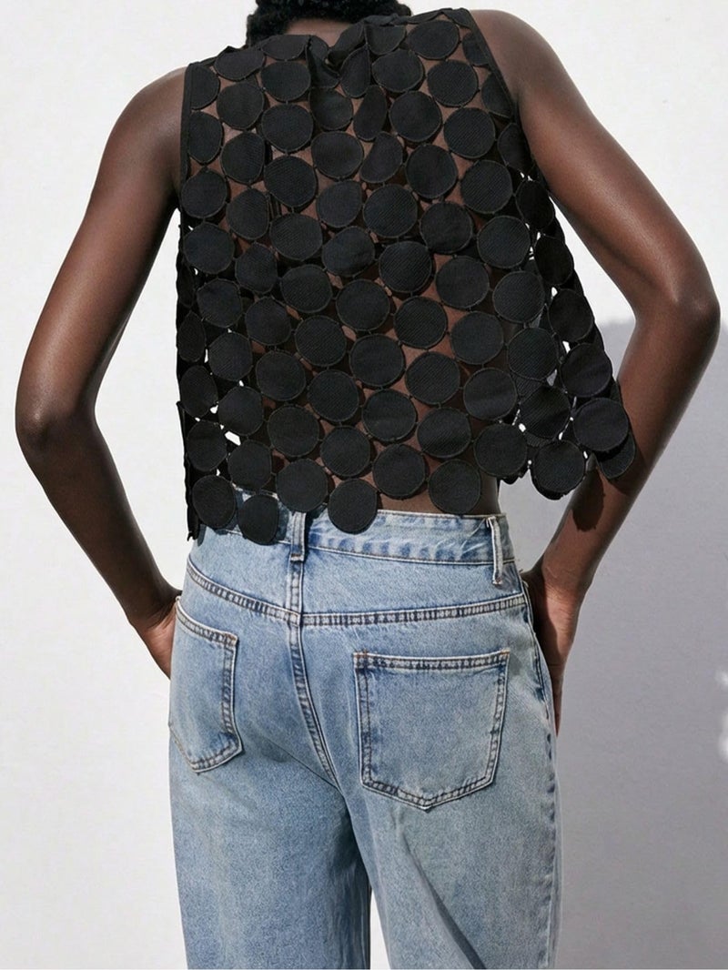 SHENHE Women's Sheer Tank Tops See Through Polka Dots Asymmetrical Top 2026 Summer Sleeveless Shirts Black Small - Image 2