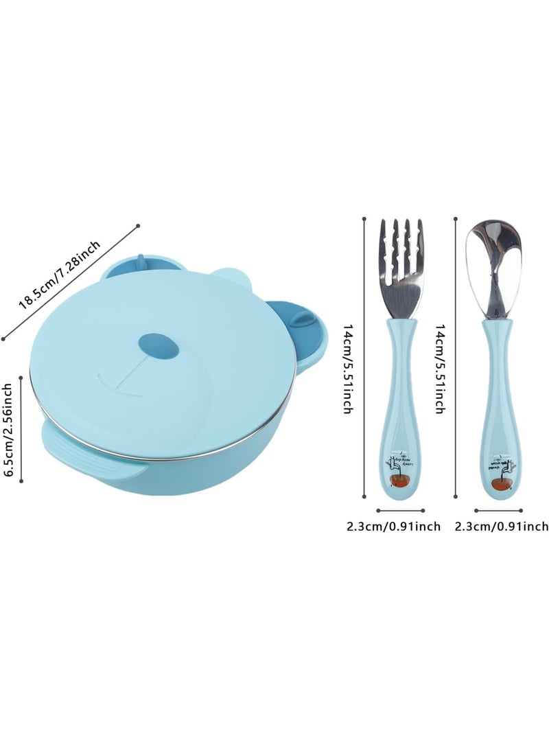 Zikra Stainless Steel Baby Feeding Bowl, Kids Plates, Toddler Suction Plate With Lid, Spoon and Fork - Perfect for Children, Blue - Image 3