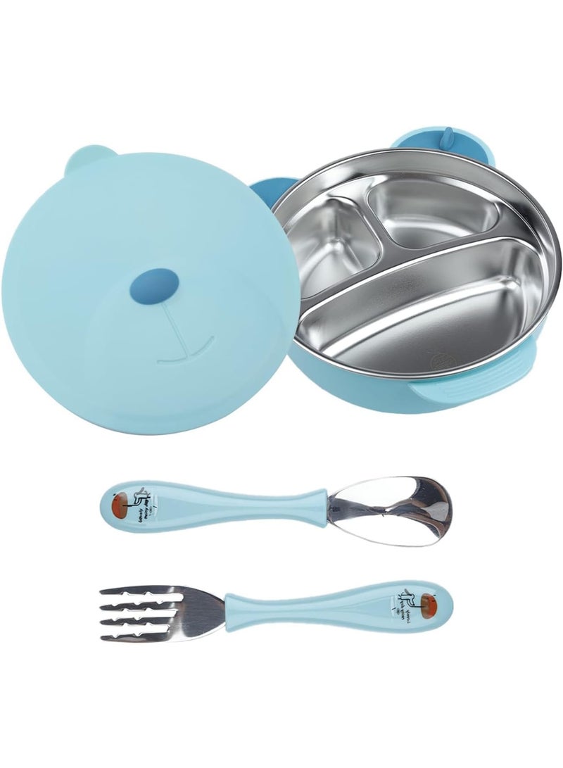 Zikra Stainless Steel Baby Feeding Bowl, Kids Plates, Toddler Suction Plate With Lid, Spoon and Fork - Perfect for Children, Blue - Image 1