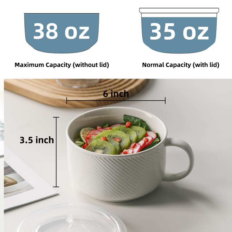 Adewnest Oversized Soup Bowl with Handle: 38 oz Ceramic Soup Mug with Lid - Microwave Safe Jumbo Food Storage Container for Ramen Cereal Breakfast Meal Prep Office Lunch Dorm Living - White 6 Inch - Image 2