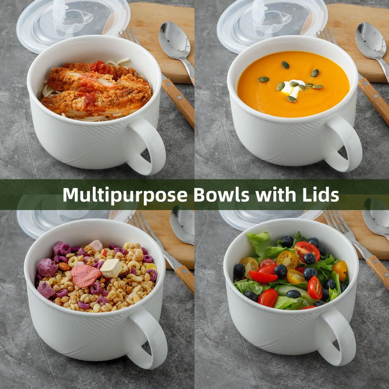Adewnest Oversized Soup Bowl with Handle: 38 oz Ceramic Soup Mug with Lid - Microwave Safe Jumbo Food Storage Container for Ramen Cereal Breakfast Meal Prep Office Lunch Dorm Living - White 6 Inch - Image 4
