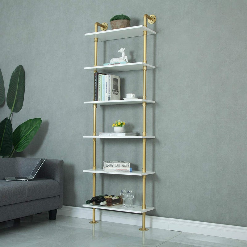 WGX Design For You WGX Design For You Industrial 6Tiers Modern Ladder Shelf BookcaseWood Storage ShelfDisplay Shelving Wall Mounted Wood ShelvesGold 
