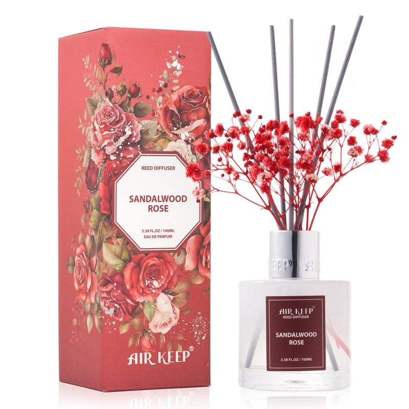 Airkeep Reed Diffuser Set,3.38 fl oz (100 ml) - Sandalwood Rose Oil Diffusers with 8 Reed Sticks,Home Fragrance Reed Diffuser for Bathroom Shelf Decor - Image 1