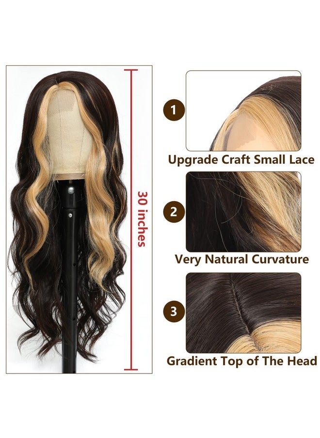 XCCOCO - Long Wavy Wigs For Women Black Highlighted Wig Body Wave Synthetic Lace Wig 28Inch Black Wig With Blonde Streaks Highlight Wig Heat Resistant Curly Wavy Side Part Wig - Image 1