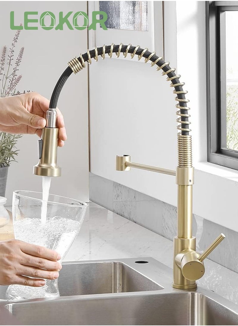 LEOKOR Brushed Gold Kitchen Faucet with Pull Down Sprayer Stainless Steel Single Handle Pull Out Spring Sink Faucets  - Image 1