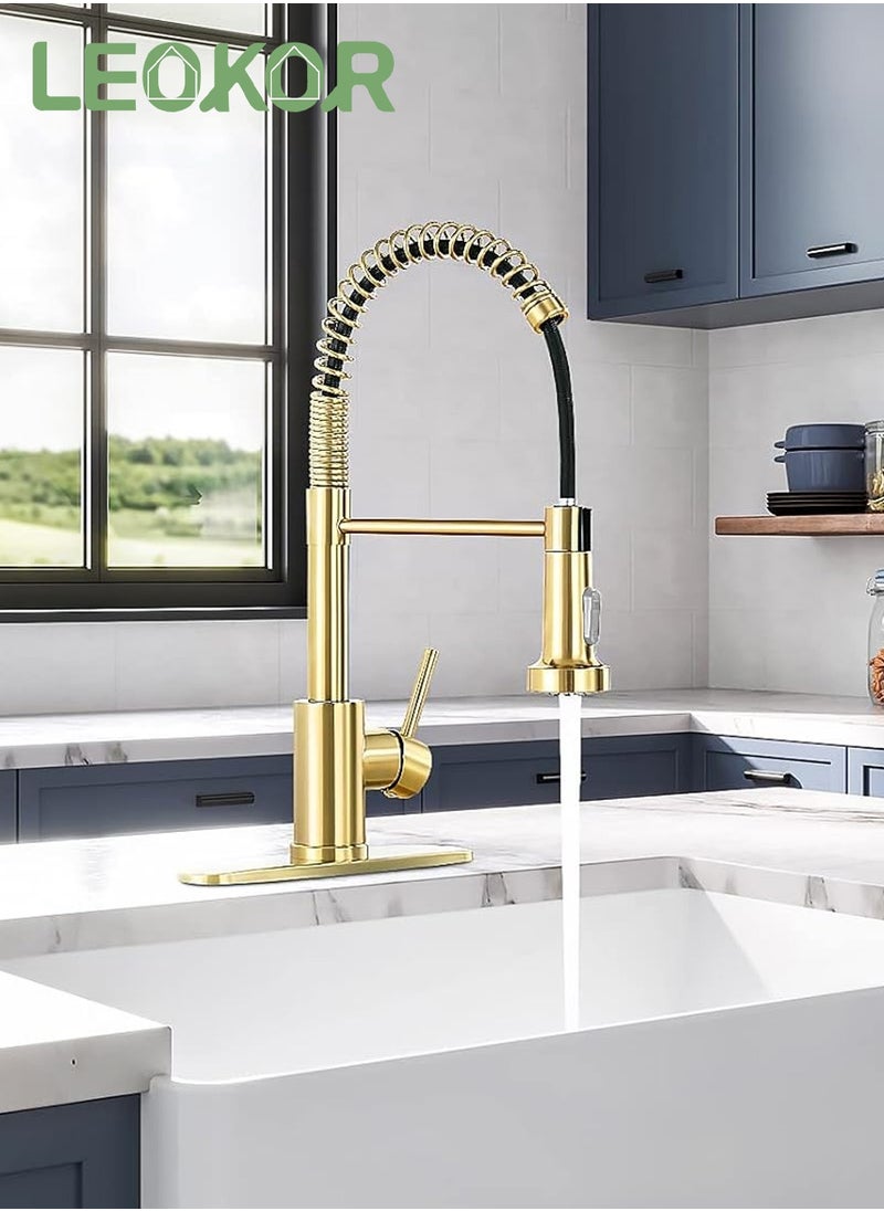 LEOKOR Brushed Gold Kitchen Faucet with Pull Down Sprayer Stainless Steel Single Handle Pull Out Spring Sink Faucets  - Image 2