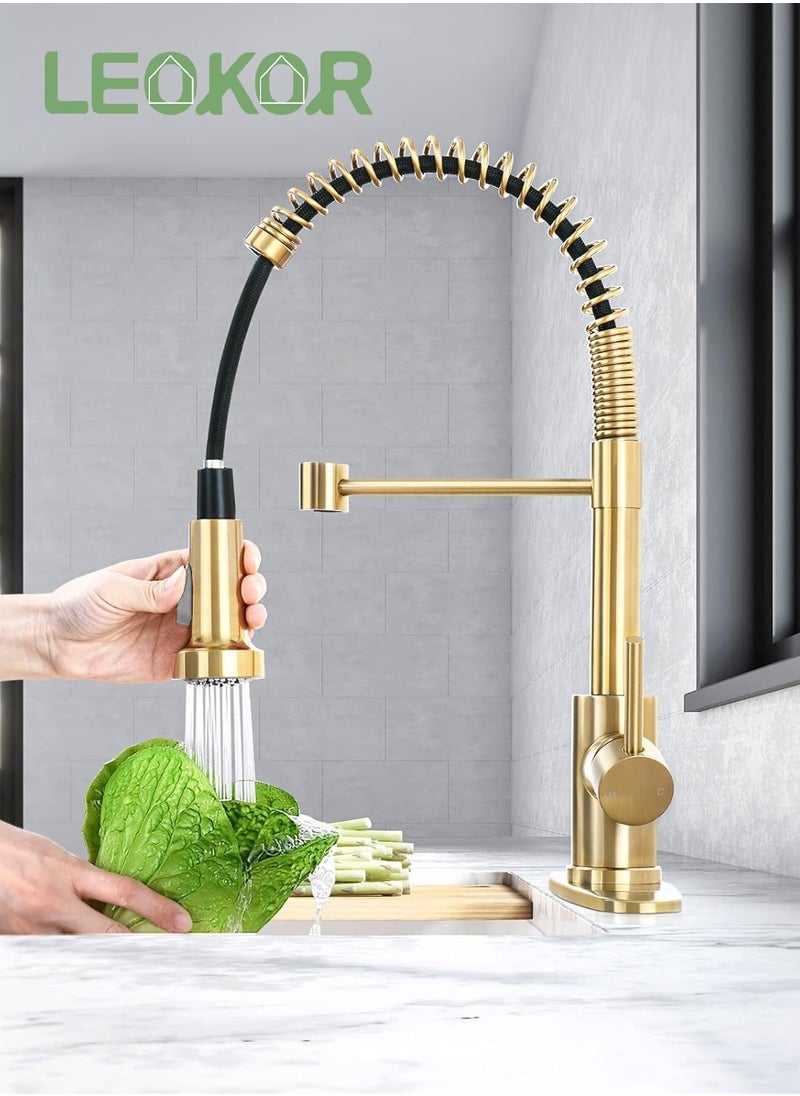 LEOKOR Brushed Gold Kitchen Faucet with Pull Down Sprayer Stainless Steel Single Handle Pull Out Spring Sink Faucets  - Image 4