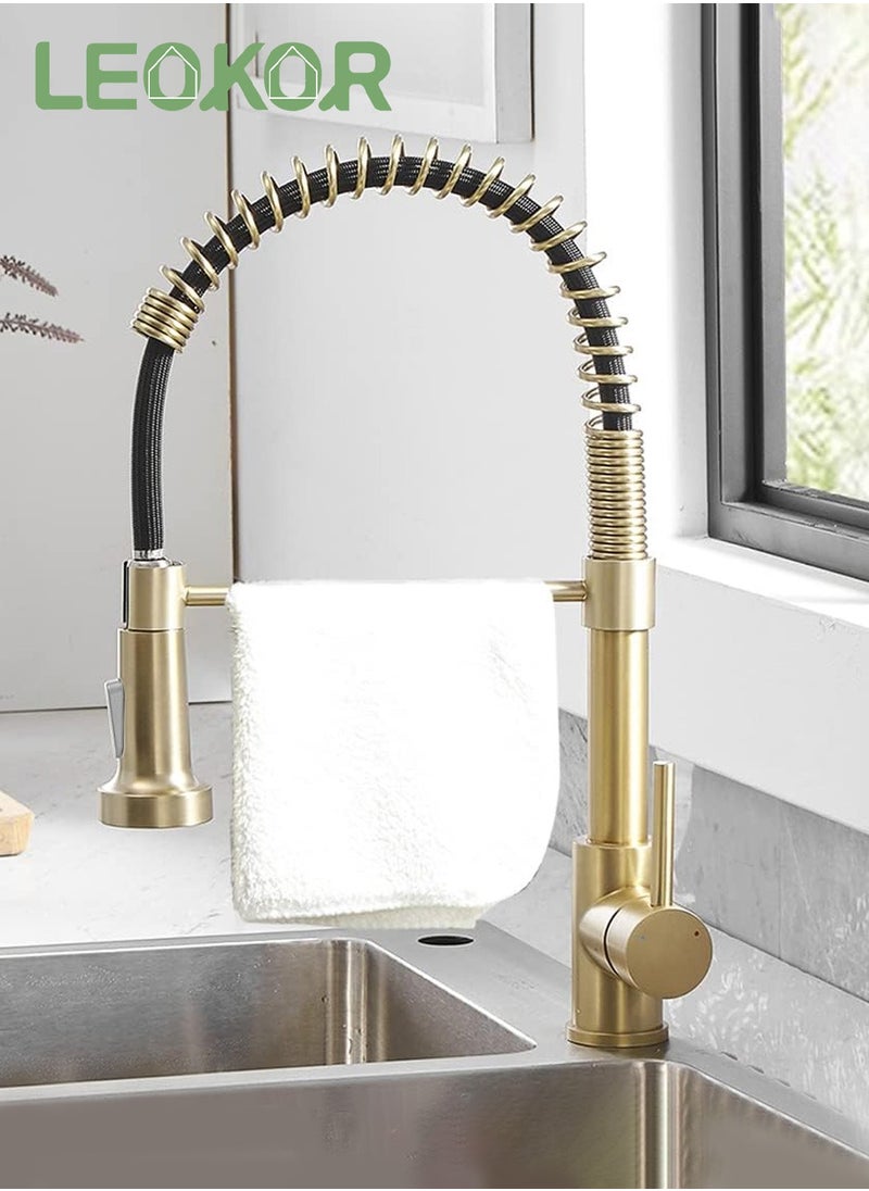 LEOKOR Brushed Gold Kitchen Faucet with Pull Down Sprayer Stainless Steel Single Handle Pull Out Spring Sink Faucets  - Image 3