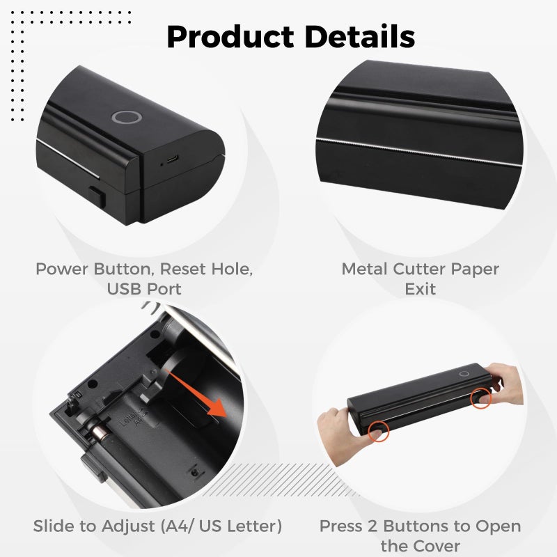 Travel Thermal Printer Inkless Mobile For A4 Us Letter Bt And USB 11X3.3X2 Inch Compatible With Smartphone Tablet Pc For Office And Home - Image 5