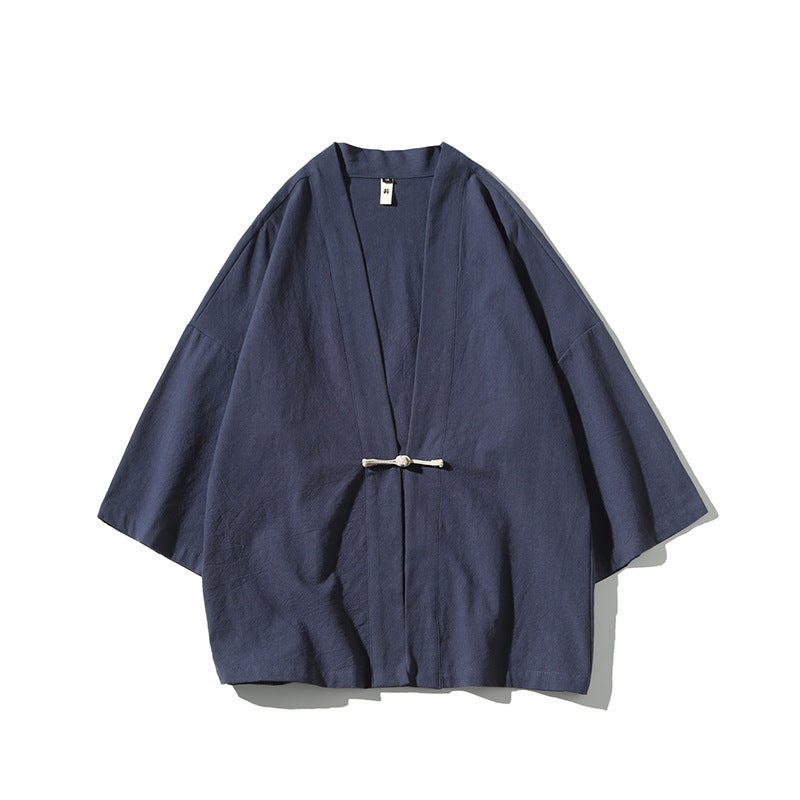 Cotton Linen Kimono Jacket Mens Casual Loose Hanfu Cardigan blue gray - Image 3