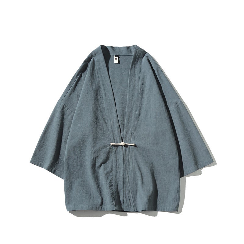 Cotton Linen Kimono Jacket Mens Casual Loose Hanfu Cardigan blue gray - Image 1
