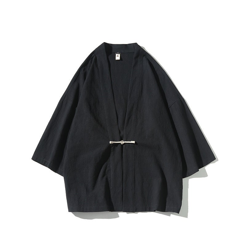 Cotton Linen Kimono Jacket Mens Casual Loose Hanfu Cardigan blue gray - Image 4