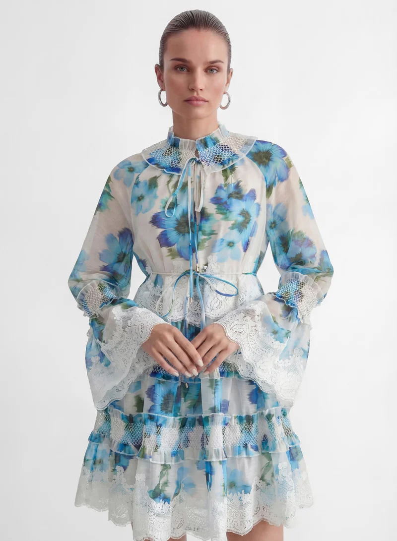Sunfere  Exceptionally Pristine Blue Floral Print Lace Trim Mini Dress for Women | Best Price UAE